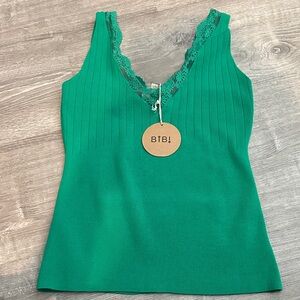 BiBi Emerald Green Ribbed Lace-Trim V-Neck Camisole